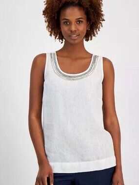 Charter Club Luxury Linen Size S Embellished Tank Top White Silver Scoop Neck